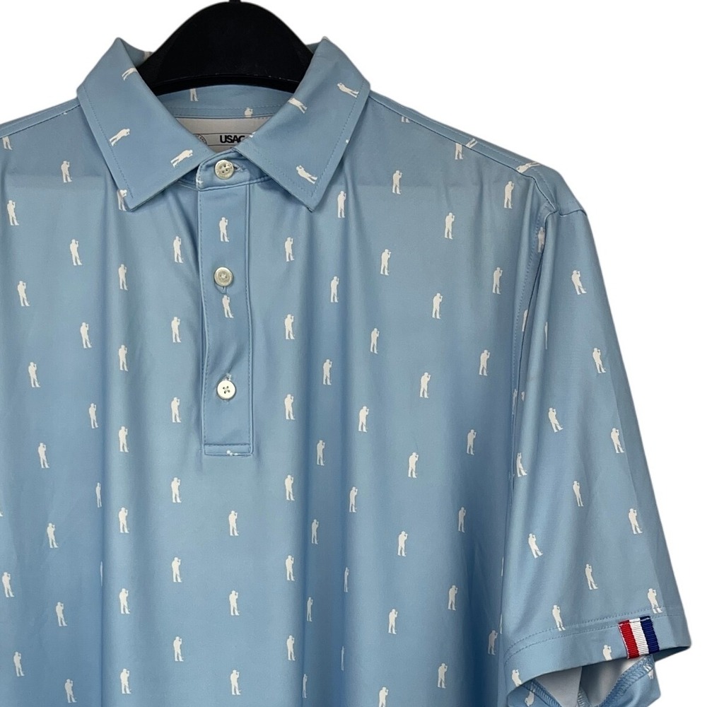 U Suck at Golf USAG Polo‎ Shirt Mens L Blue All Over Print Golfer AOP Wicking